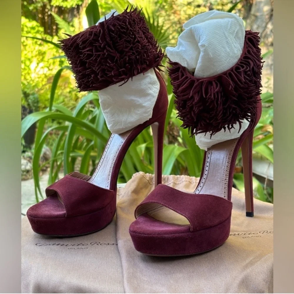 NWOT Alaia burgundy fringe cuff suede sandals platform heels ankle straps - Picture 4 of 9